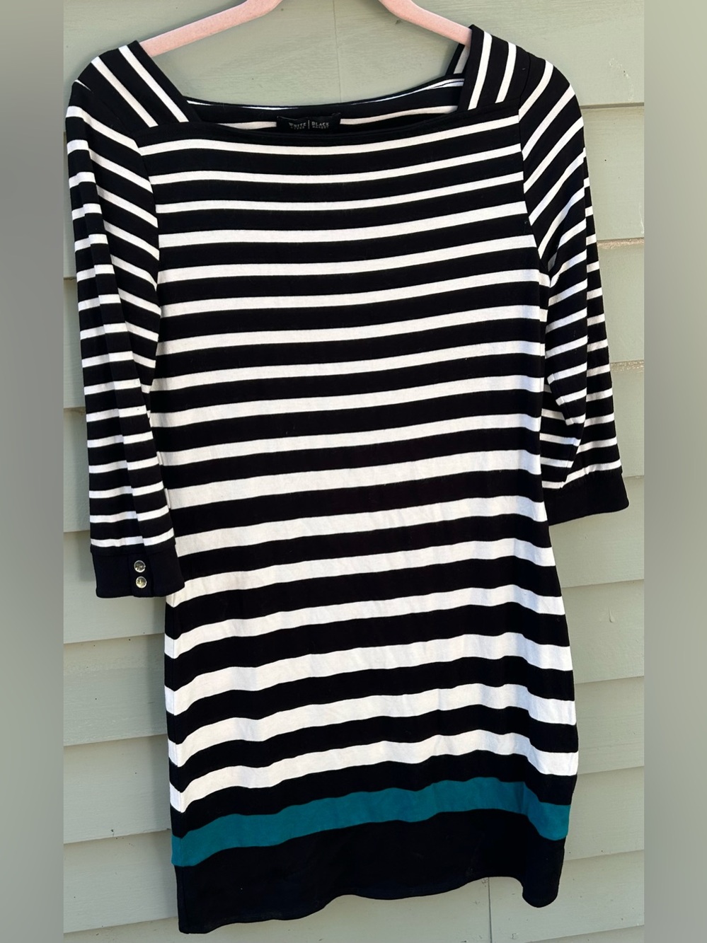 White House Black Market Black, White & Teal Striped Boatneck Dress size Small